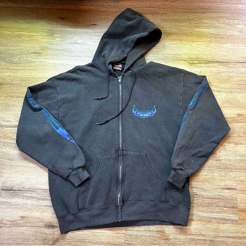 Harley Davidson zip up sweatshirt black with blue flames on arms Men’s size L